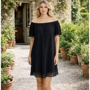 Michael Stars Dress Small Off Shoulder Crocheted Hem Gauzy Black USA Cottagecore